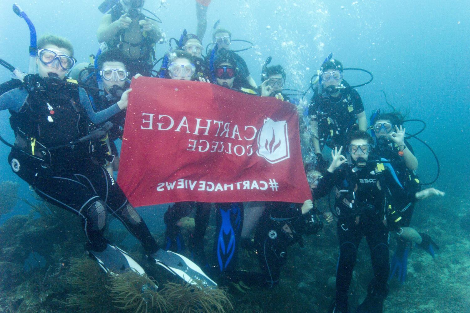学生们手持<a href='http://fnc4.safarinautique.com'>bv伟德ios下载</a>旗帜，在j学期洪都拉斯游学之旅中潜水.